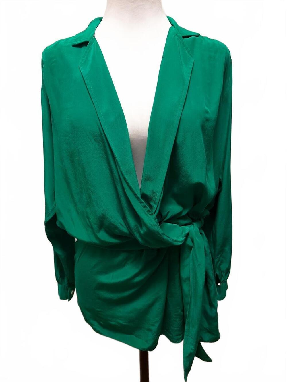 Vintage Liz Claiborne Silk Blouse 4P Emerald Green Wrap 80s Glam Corporate Chic